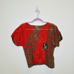 Lim's Vintage Hand Crocheted Abstract Flower Top Red Brown Pom Poms Medium